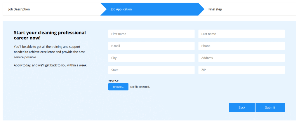 Cleaner job application page